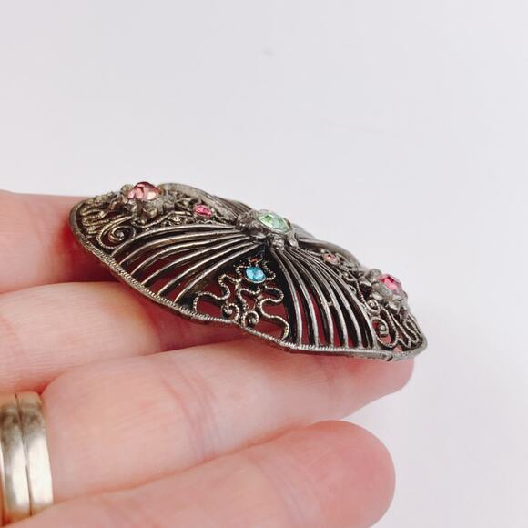 Antique Edwardian Uranium Glass Brooch Filigree 1910s Art Deco Transition VTG - Picture 4 of 10